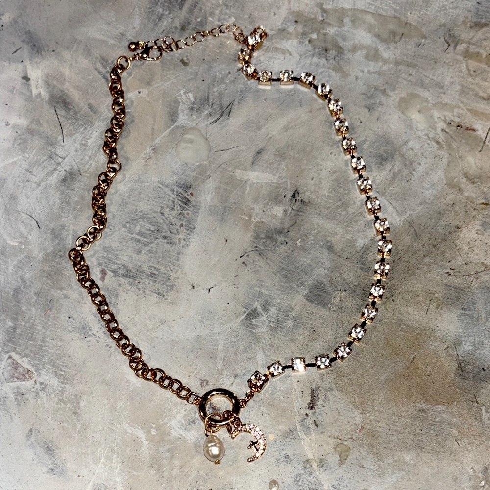 Betsey Johnson Gold and Rhinestone Necklace W/ Pearl & Crescent Charms - NWOT - Picture 2 of 4